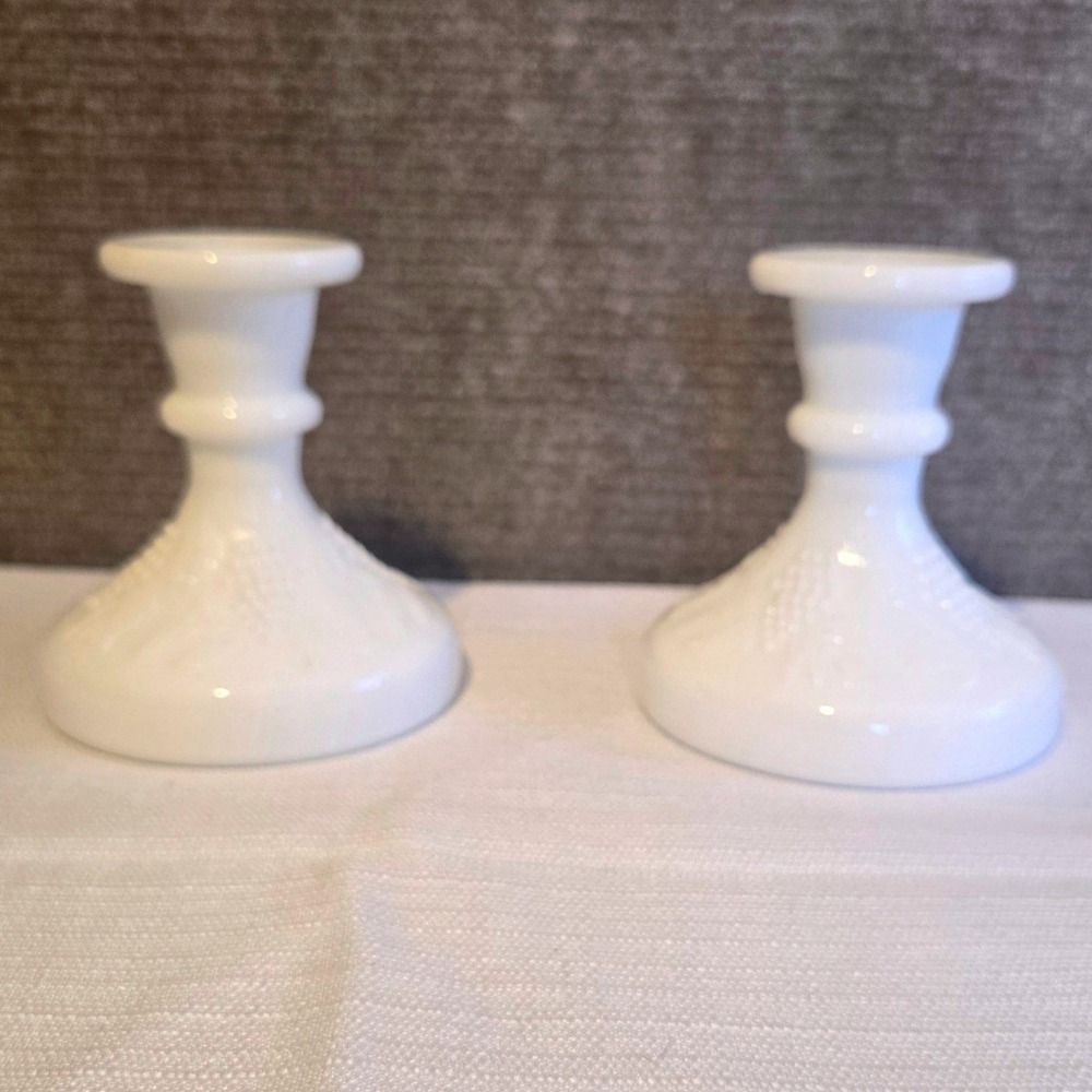 Westmoreland Milk Glass Paneled Grape Candlestick Holders Vintage Set of 2 White